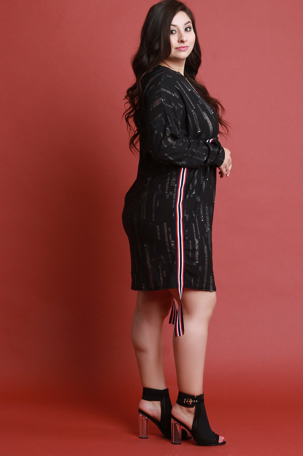 Distressed Side Striped Long Sleeve Sweater Dress - NoveltyOne