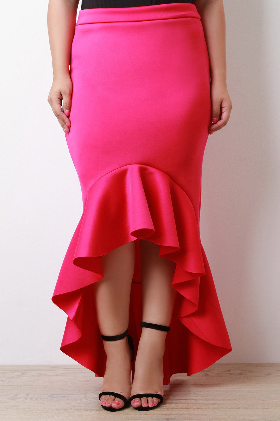 Scuba Knit High Low Ruffled Maxi Skirt