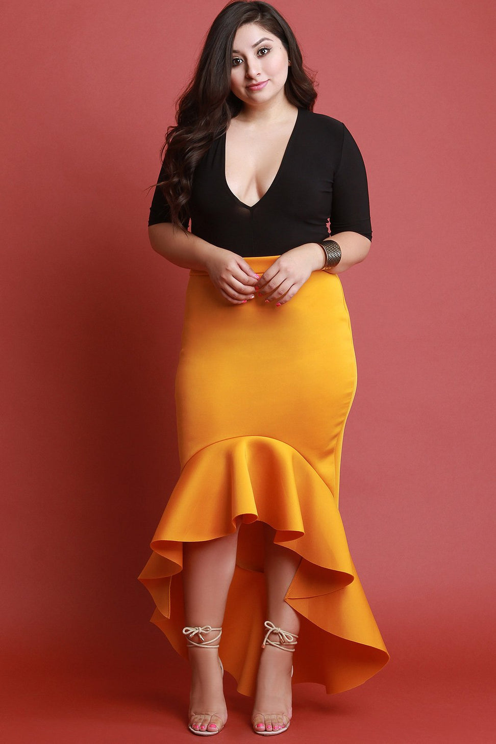 Scuba Knit High Low Ruffled Maxi Skirt