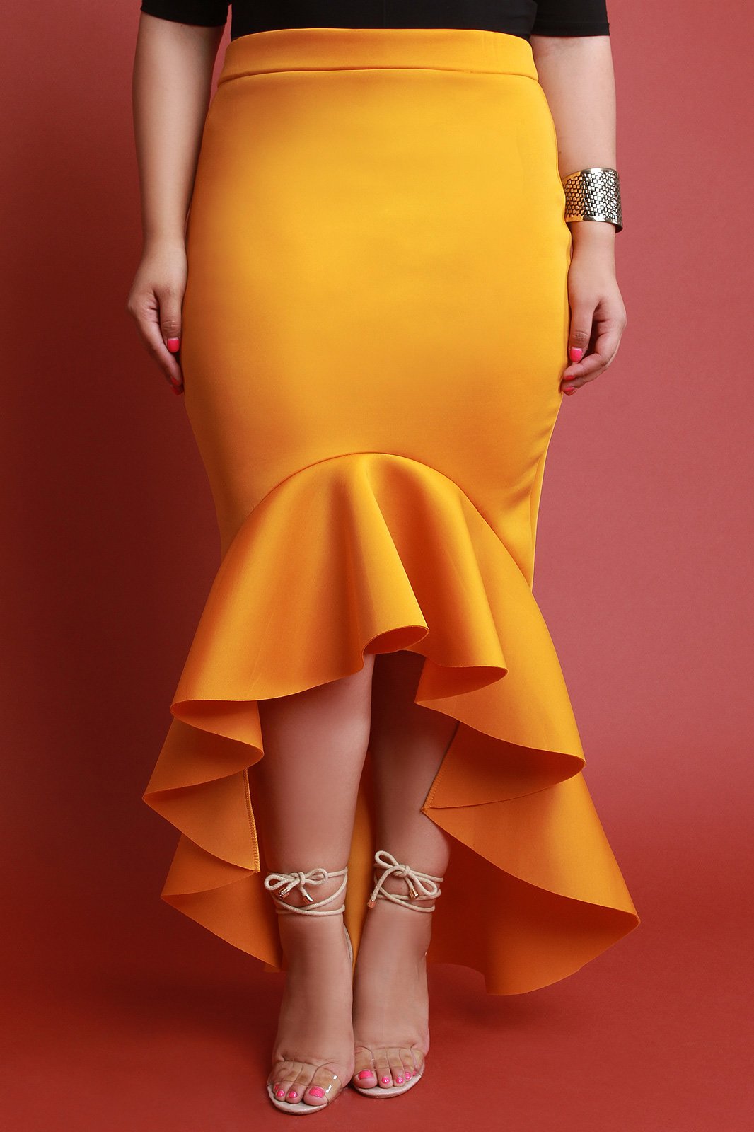 Scuba Knit High Low Ruffled Maxi Skirt