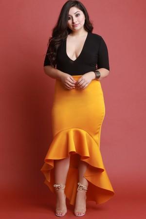 Scuba Knit High Low Ruffled Maxi Skirt