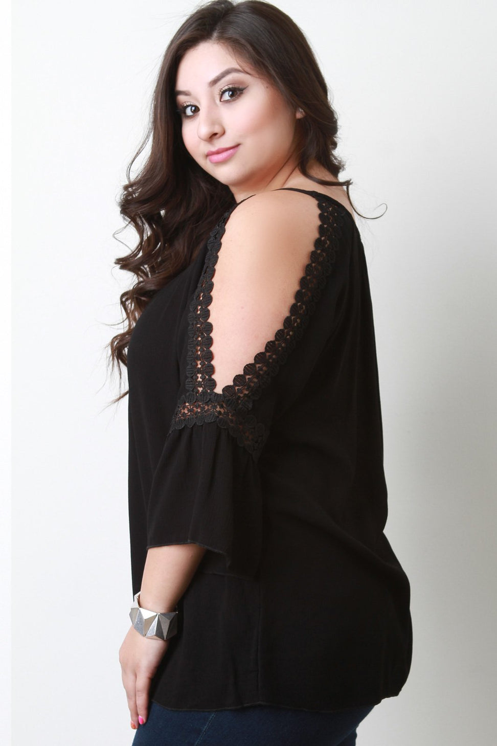 Round Lace Cold Shoulder Bell Sleeve Top