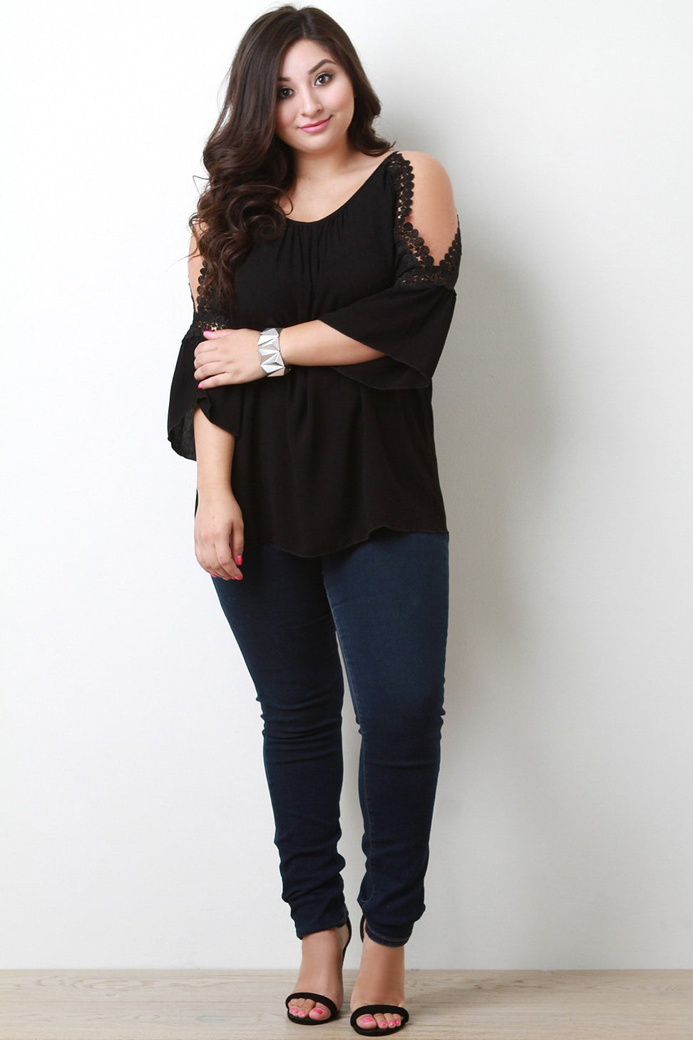 Round Lace Cold Shoulder Bell Sleeve Top