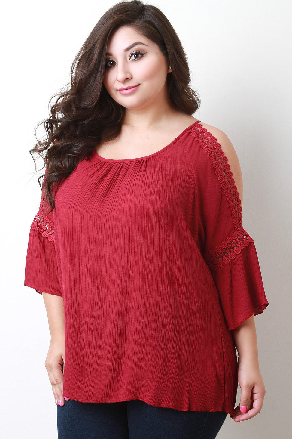 Round Lace Cold Shoulder Bell Sleeve Top