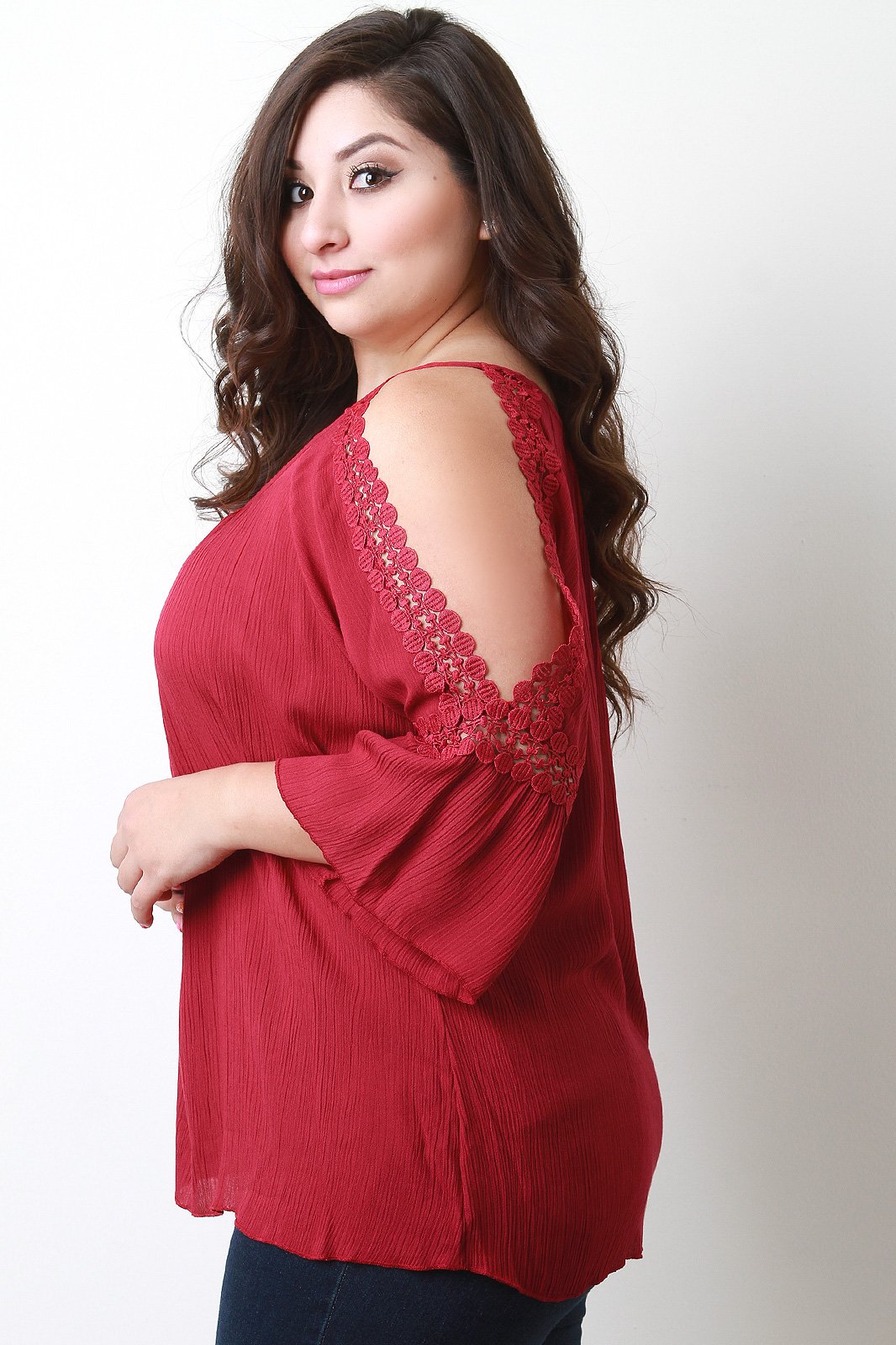 Round Lace Cold Shoulder Bell Sleeve Top