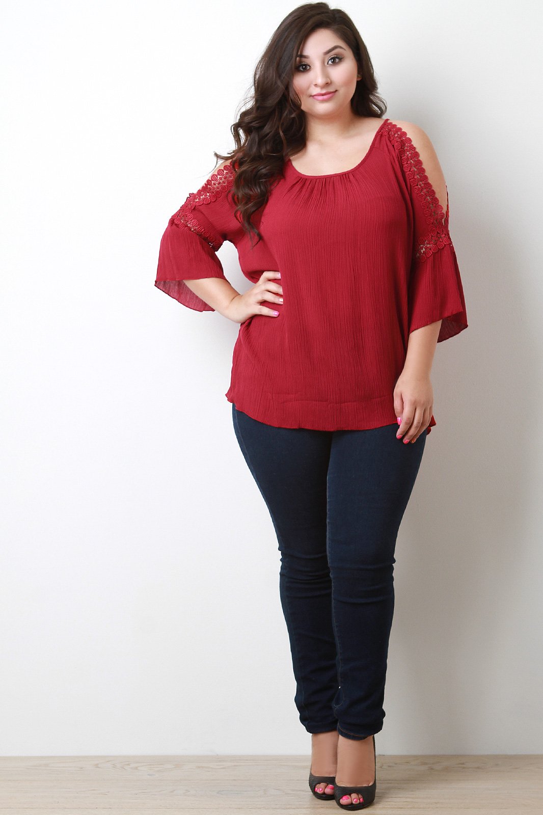 Round Lace Cold Shoulder Bell Sleeve Top