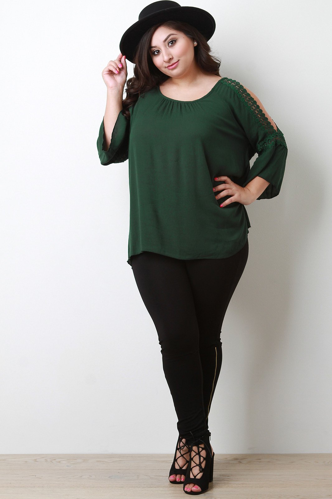 Round Lace Cold Shoulder Bell Sleeve Top