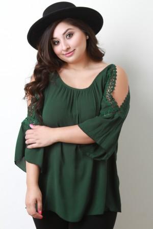 Round Lace Cold Shoulder Bell Sleeve Top
