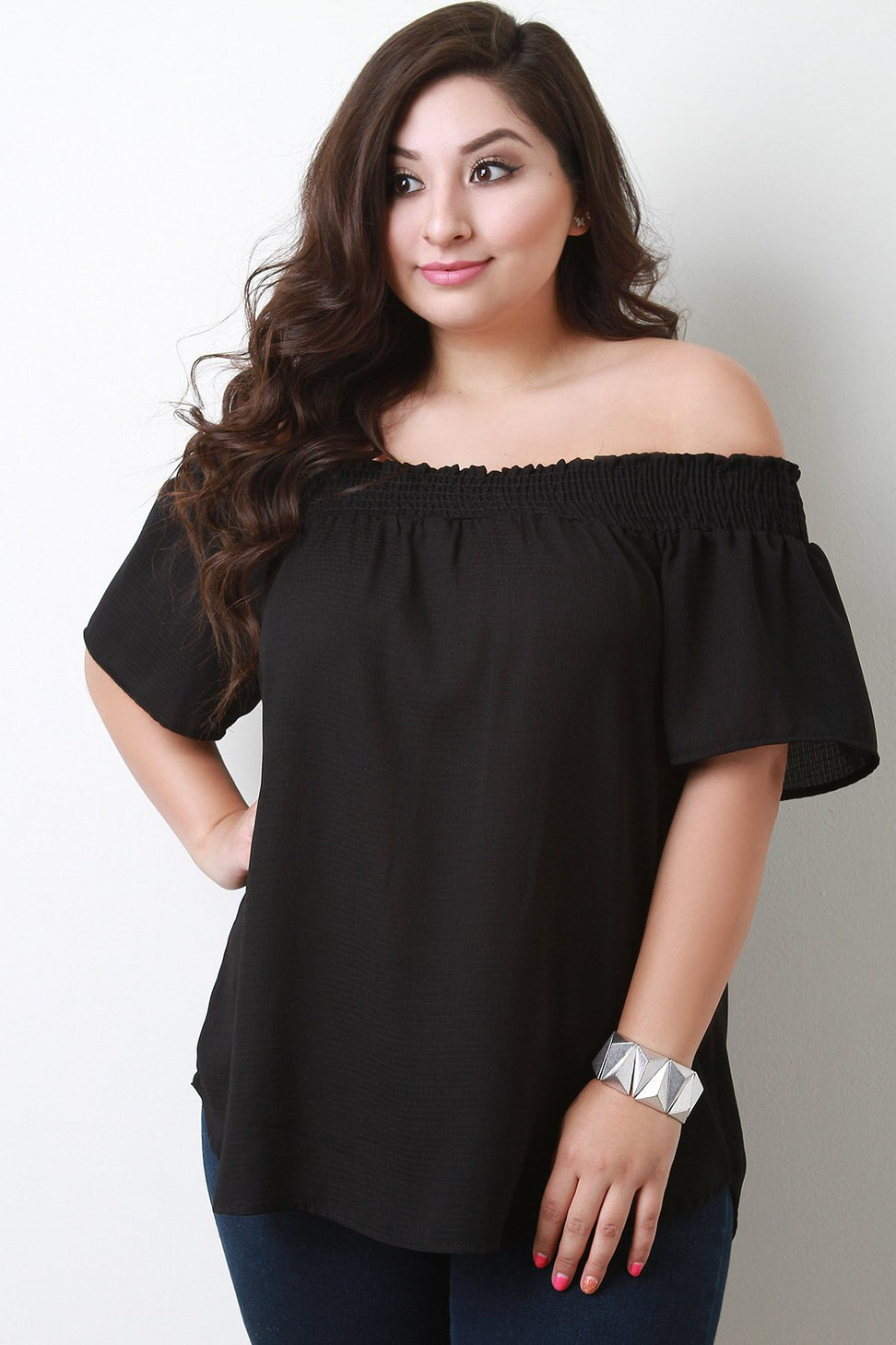 Textured Off The Shoulder Back Bow Top