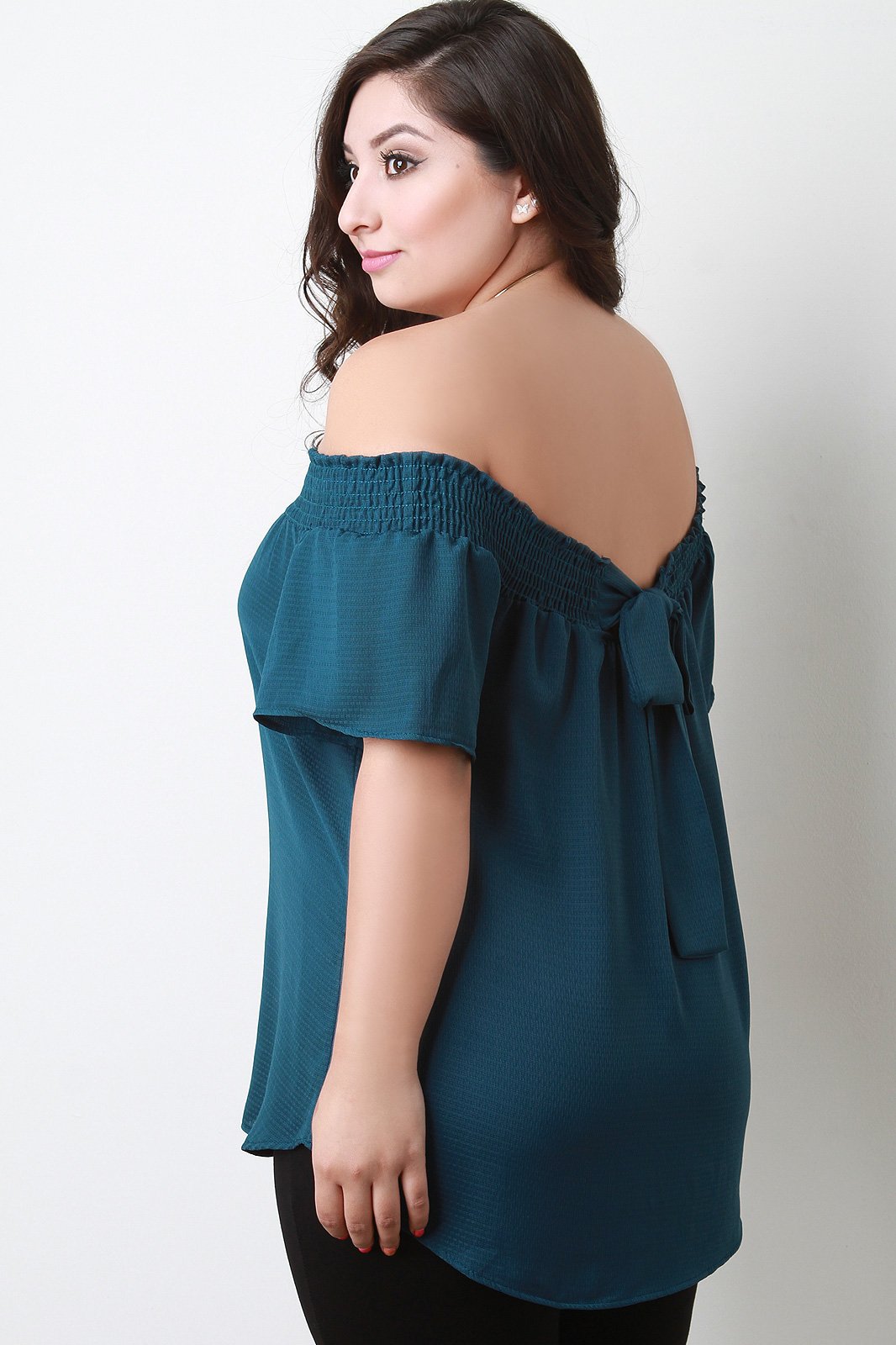 Textured Off The Shoulder Back Bow Top