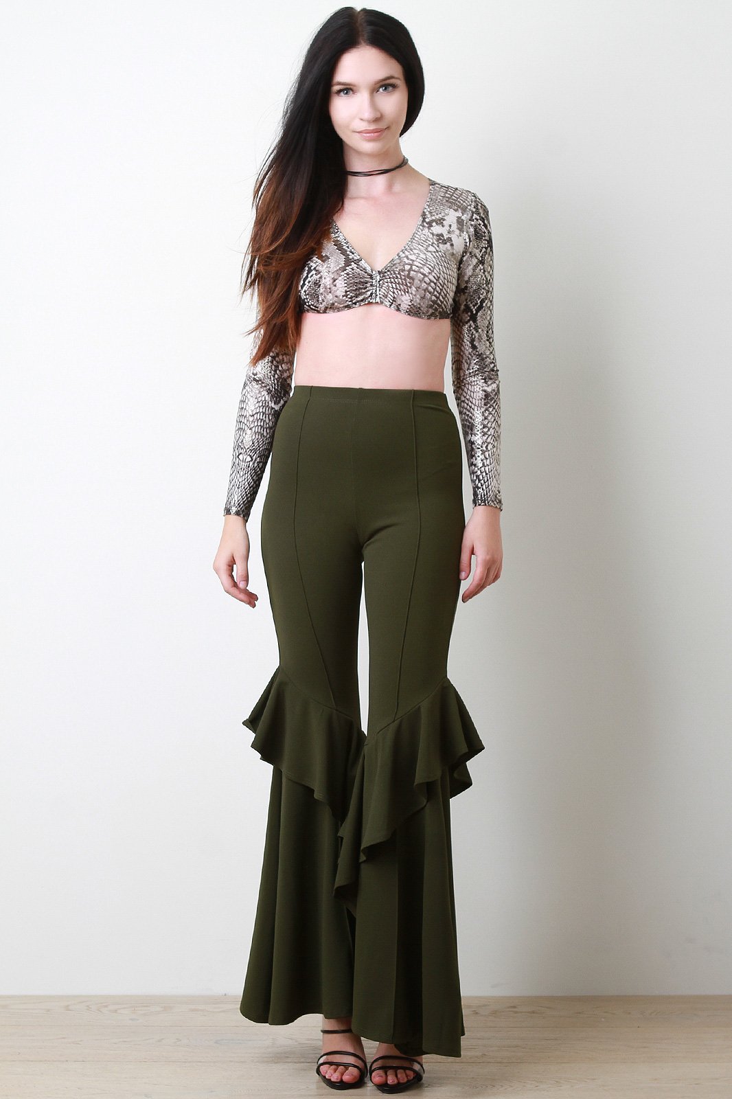 Ruffle Crepe Bell Pants