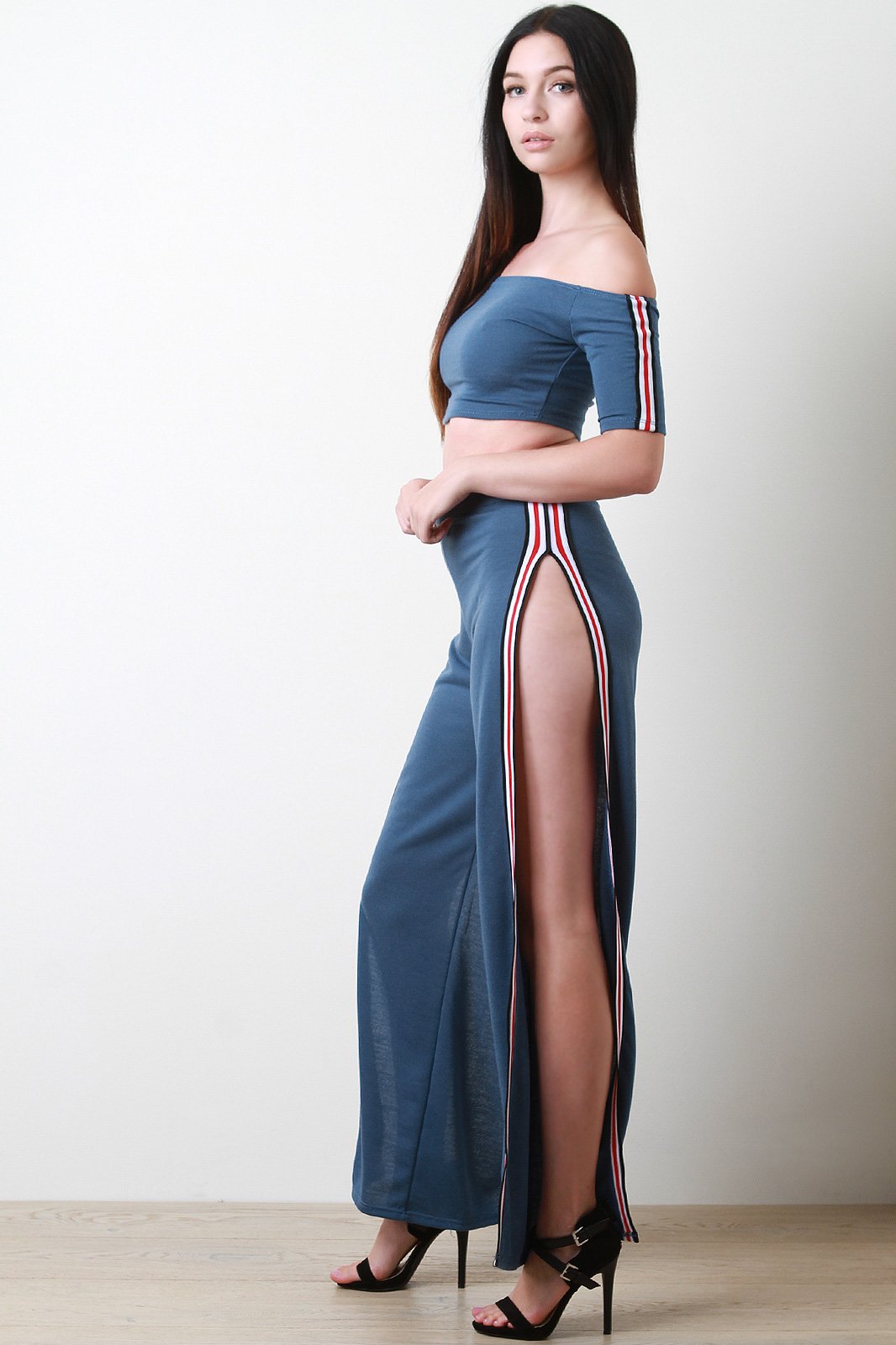 Stripe Trim French Terry Crop Top With Slit Pants Set