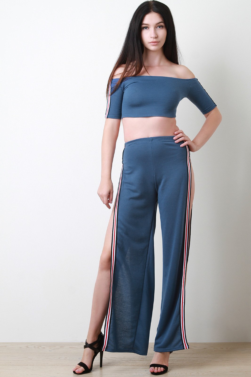 Stripe Trim French Terry Crop Top With Slit Pants Set