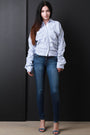 Striped Ruched Button Up Oversized Sleeve Top