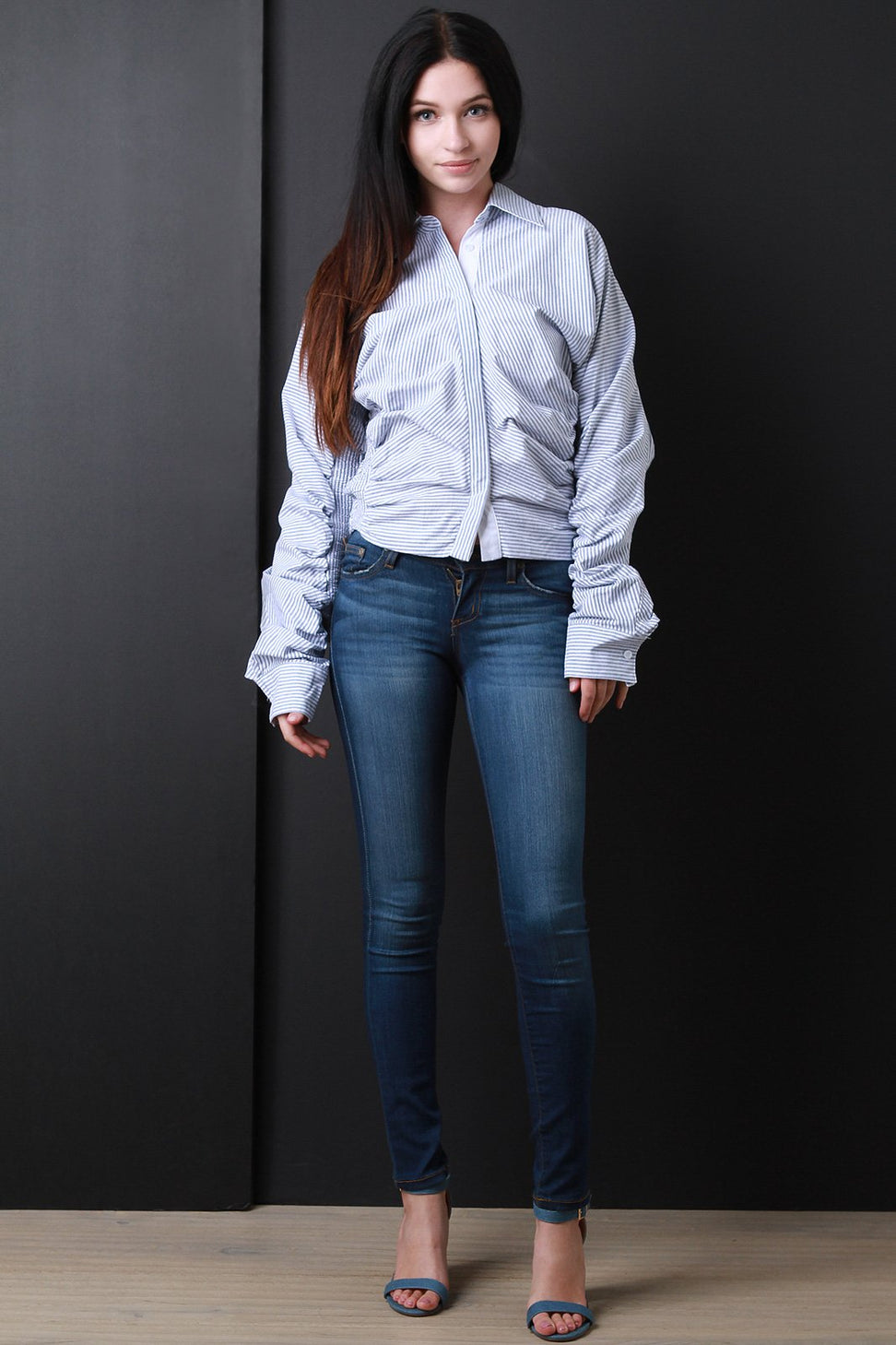 Striped Ruched Button Up Oversized Sleeve Top