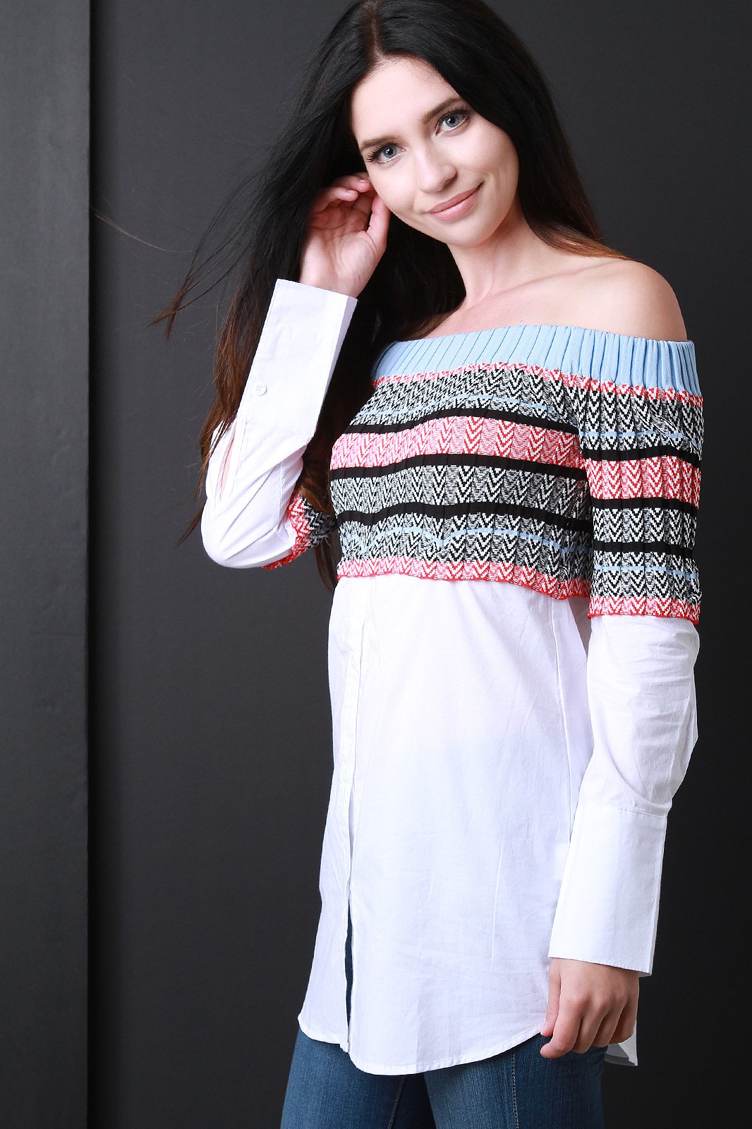 Chevron Knit Crop and Button Up Twofer Top