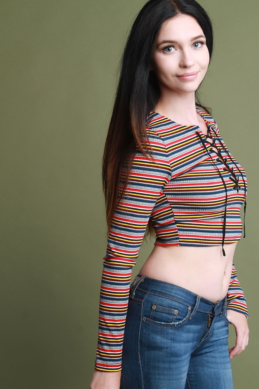 Striped Lace Up Long Sleeve Crop Top