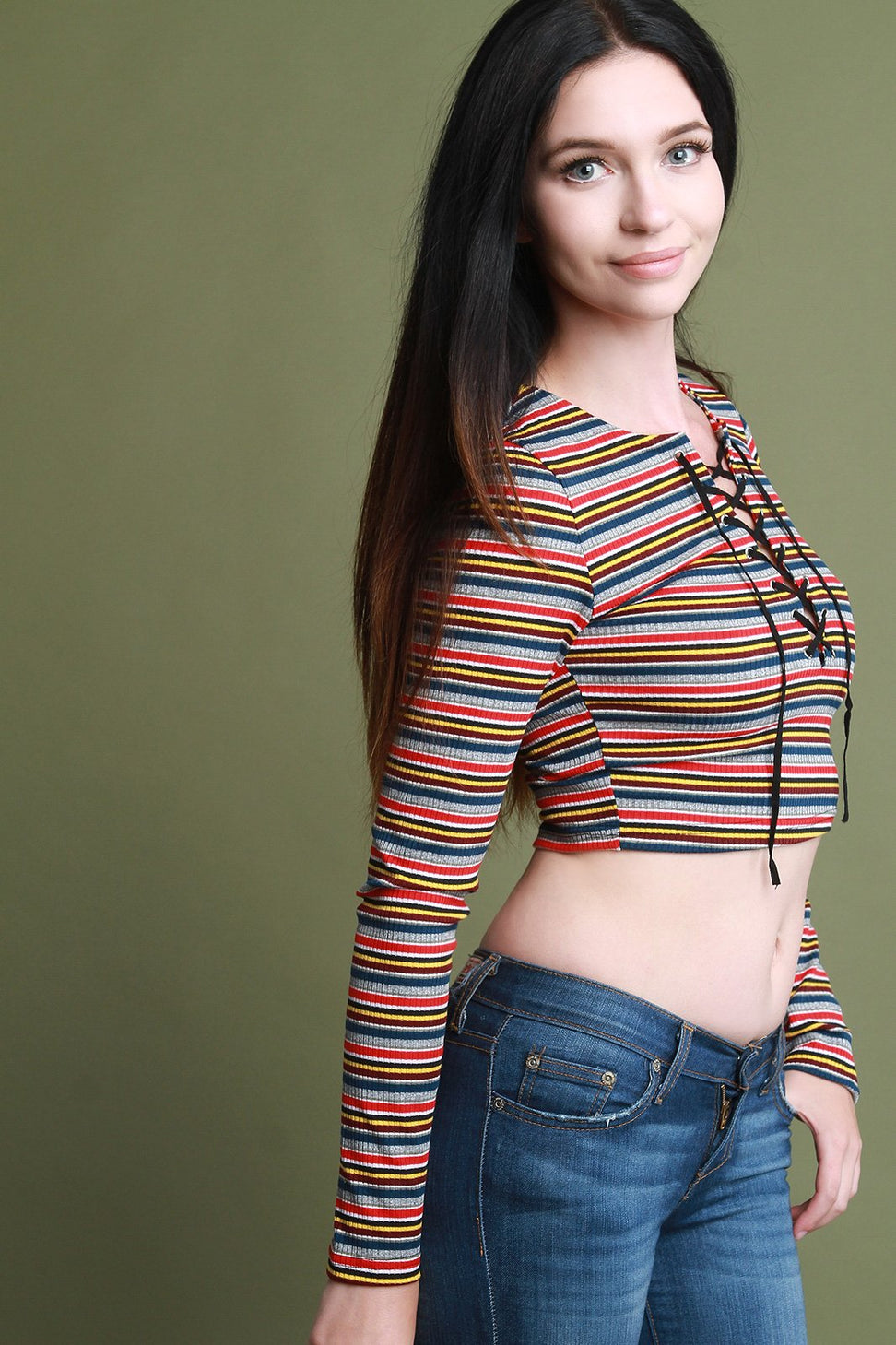 Striped Lace Up Long Sleeve Crop Top