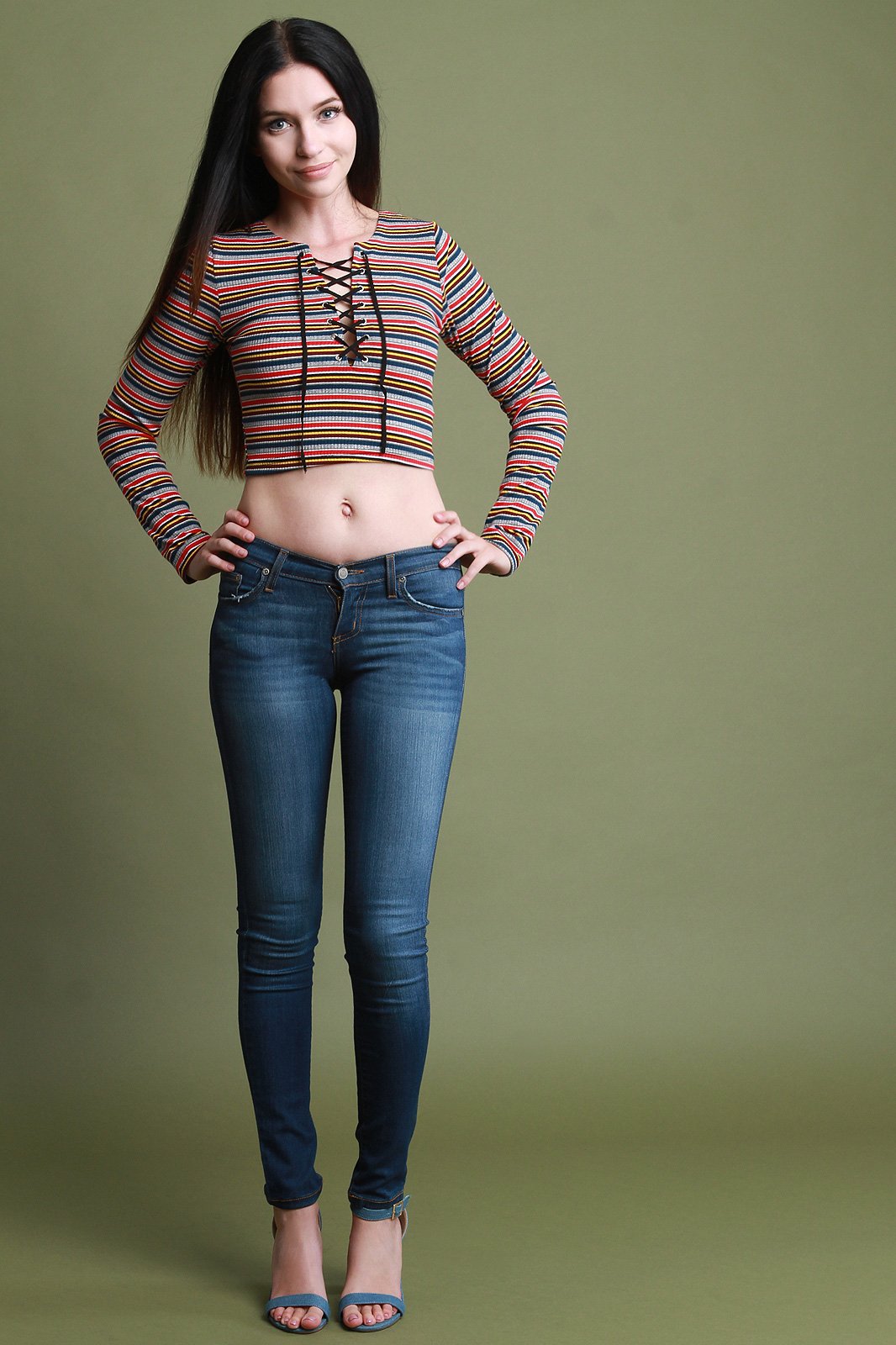Striped Lace Up Long Sleeve Crop Top