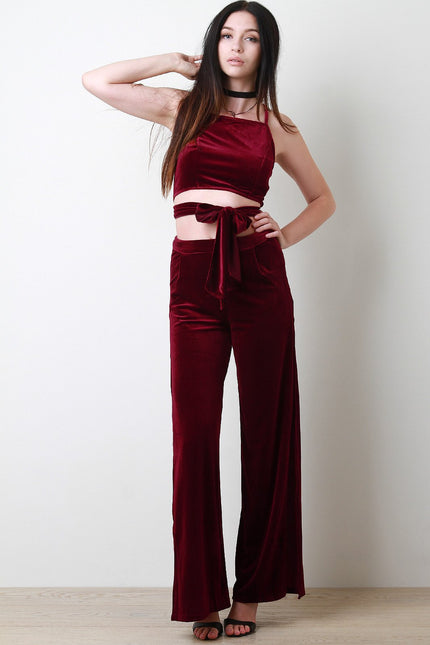 Velvet Waist-Tie Crop Top With High Waist Slit Pants Set