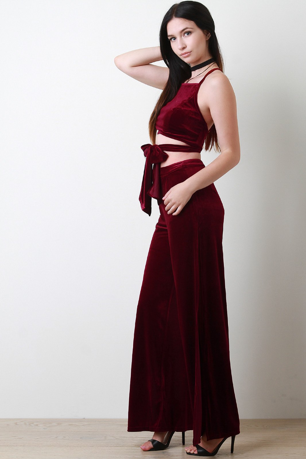 Velvet Waist-Tie Crop Top With High Waist Slit Pants Set