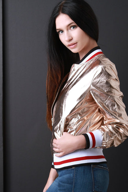 Stripe Trim Zip-Up Foil Bomber Jacket