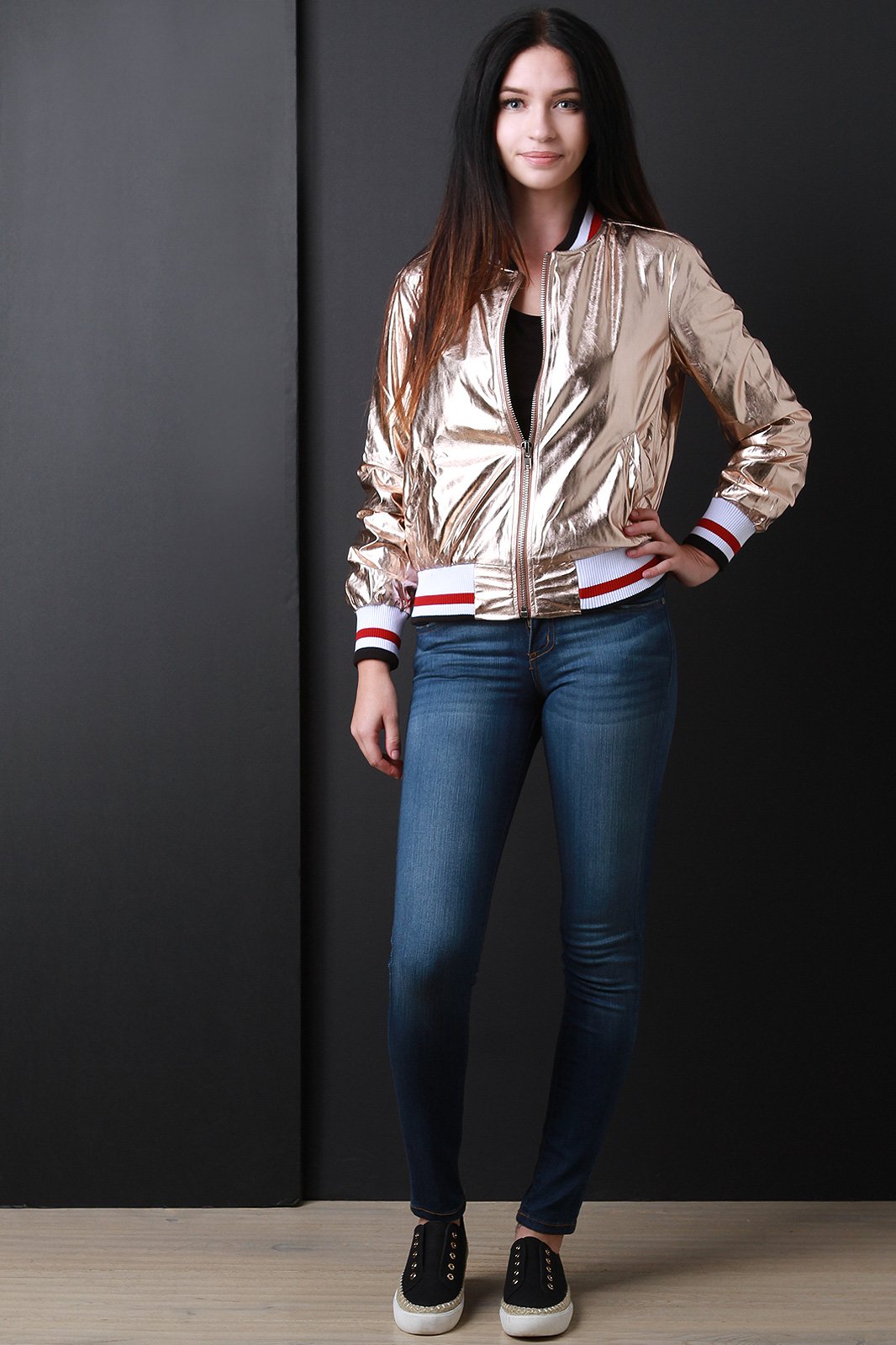 Stripe Trim Zip-Up Foil Bomber Jacket
