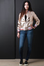 Stripe Trim Zip-Up Foil Bomber Jacket