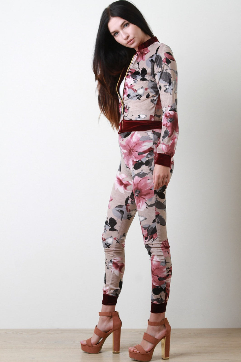 Velvet Floral Jacket With High Waisted Pants Set