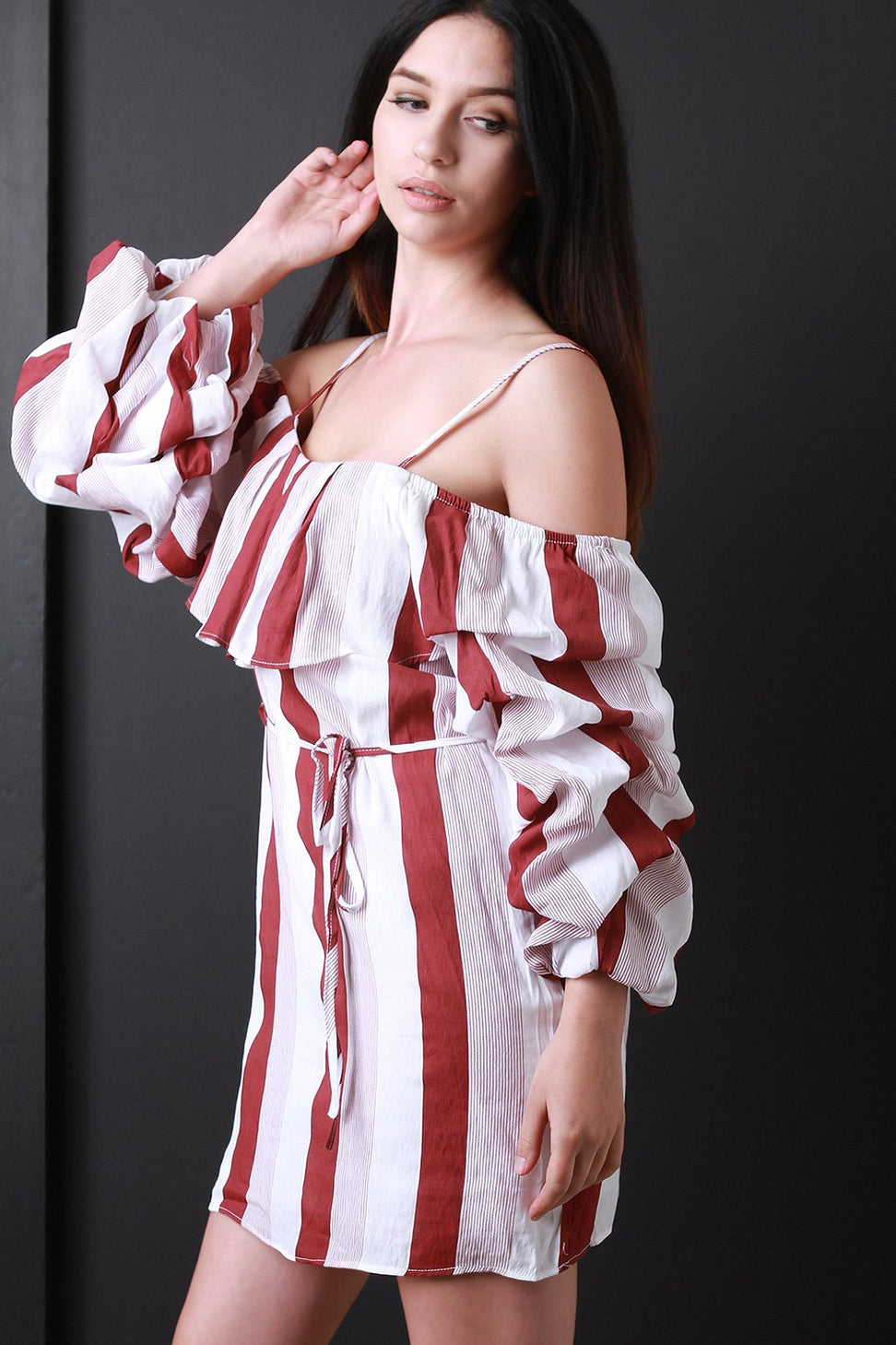 Cold Shoulder Statement Ruched Sleeves Shift Mini Dress