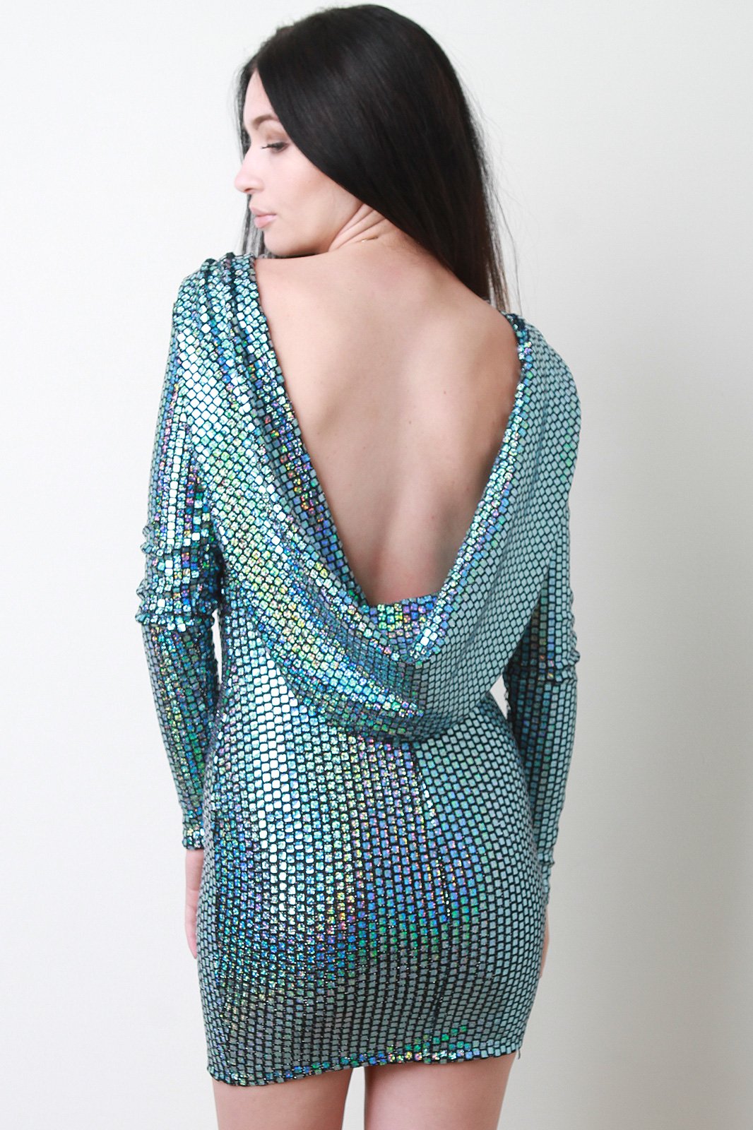 Square Metallic Cowl Back Mini Dress
