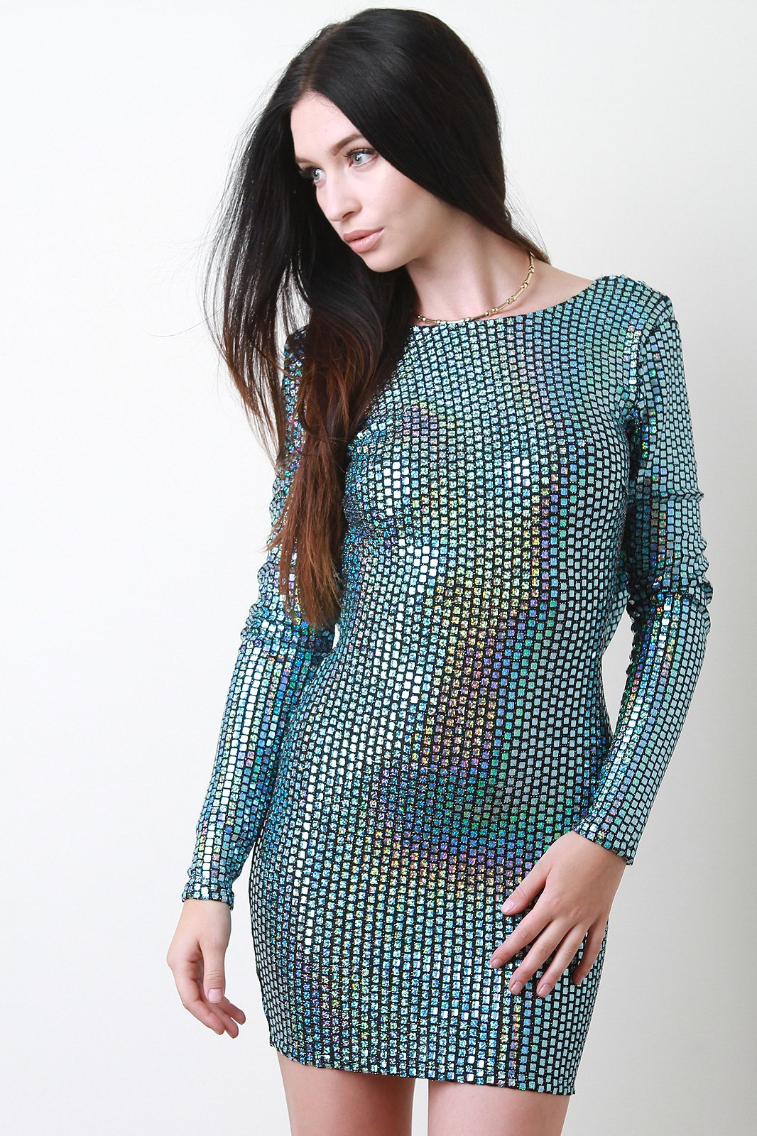 Square Metallic Cowl Back Mini Dress