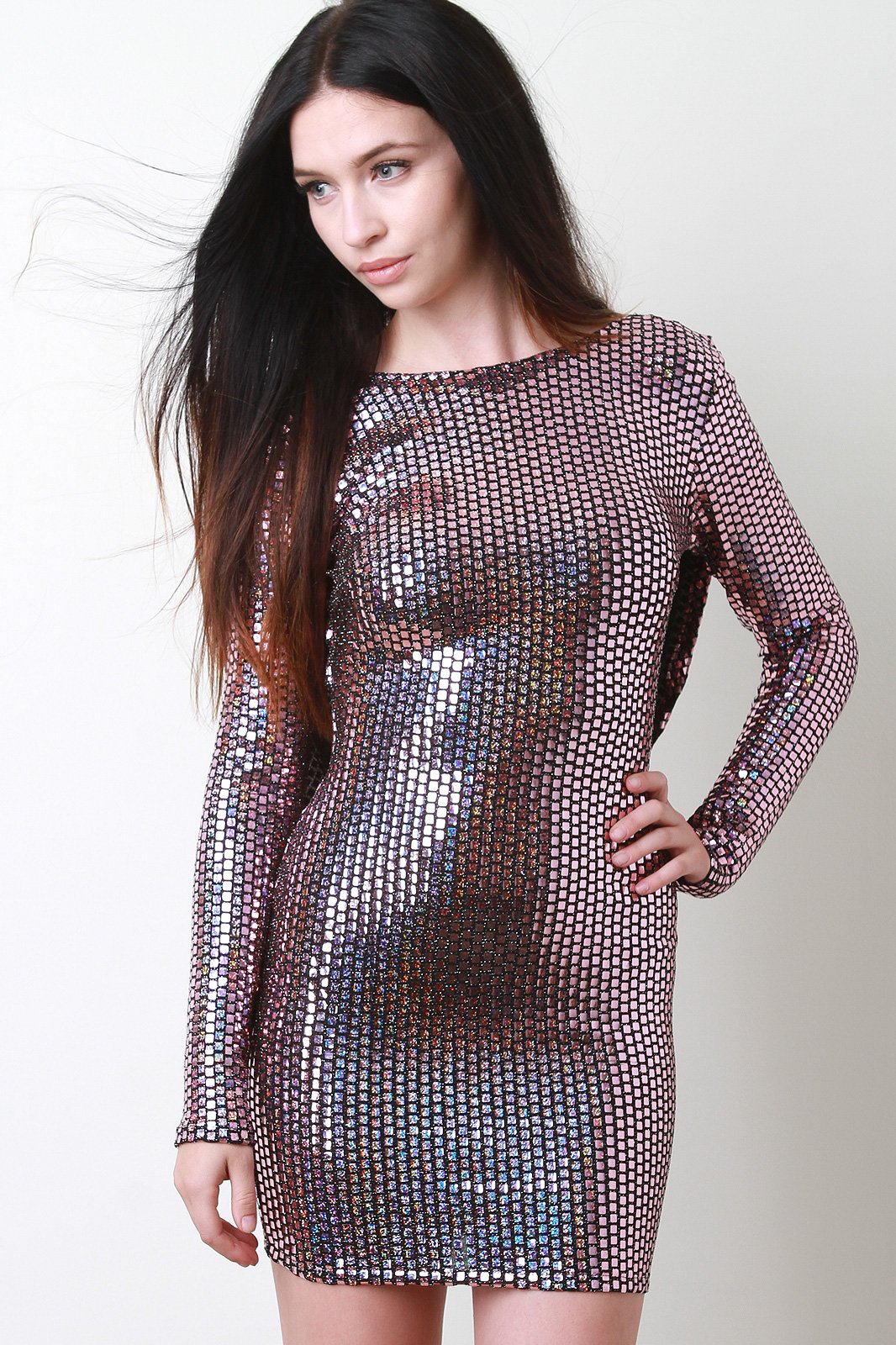 Square Metallic Cowl Back Mini Dress