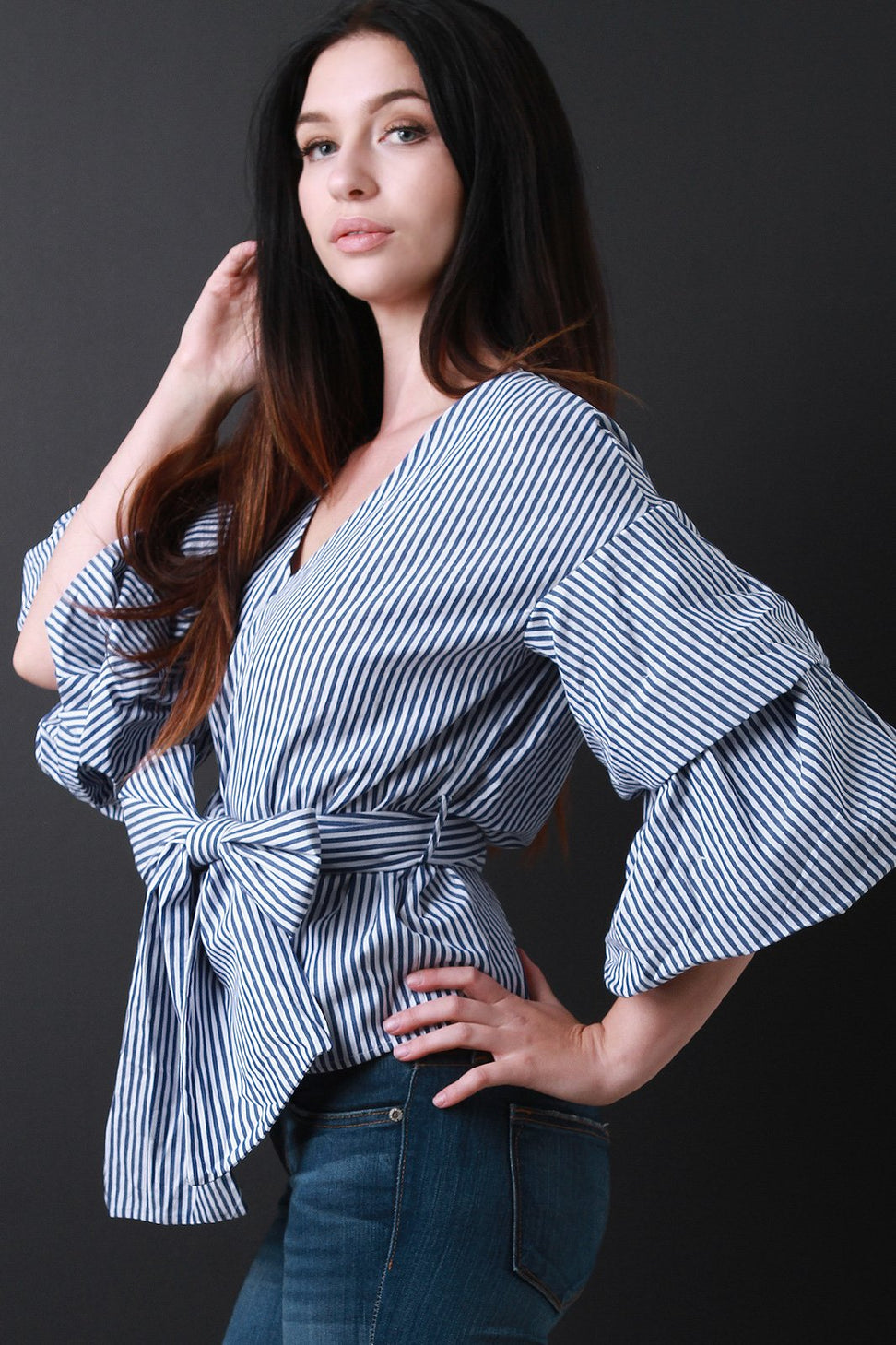 Striped Surplice Waist-Tie Ruched Statement Sleeves Blouse Top