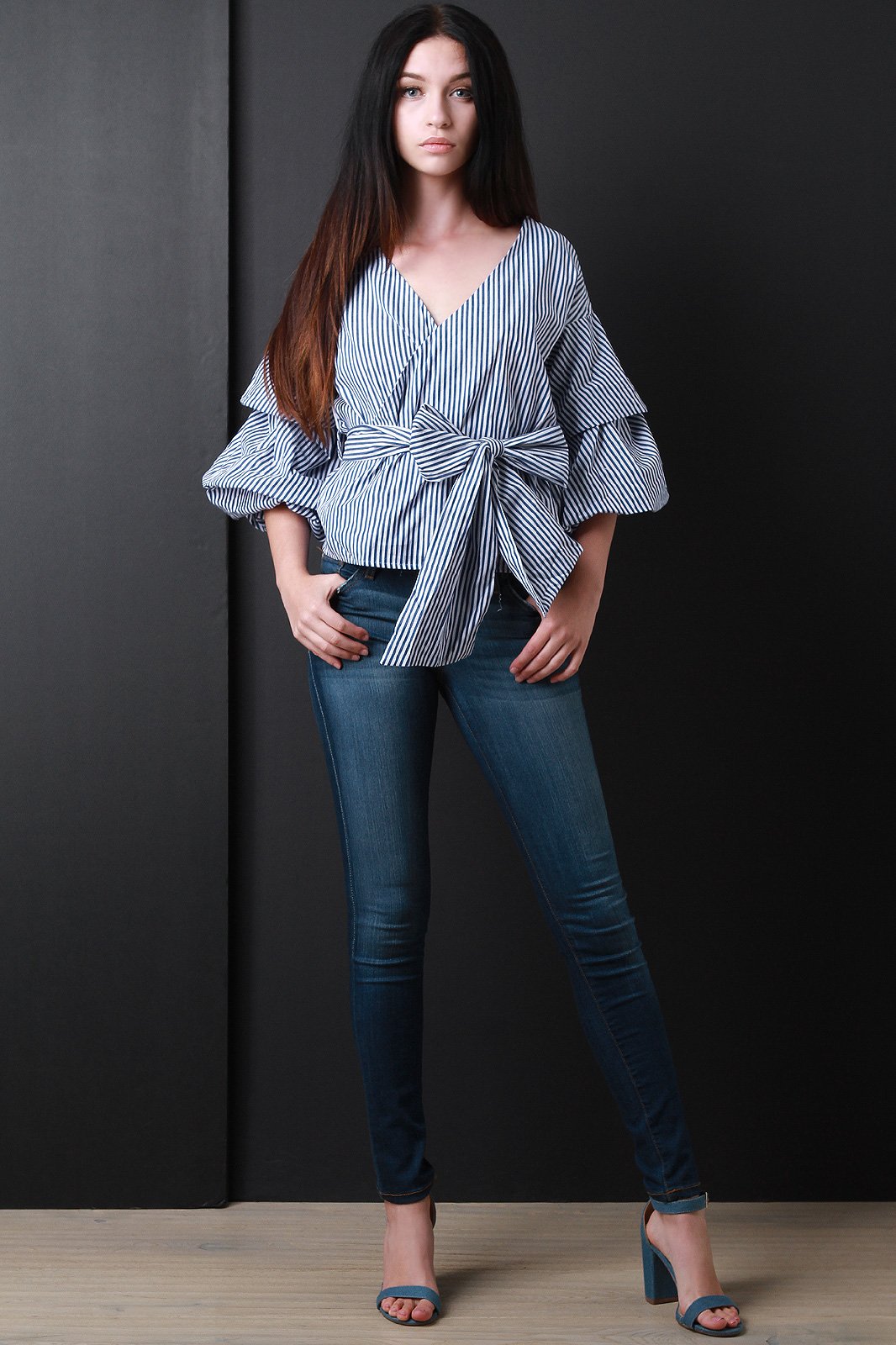 Striped Surplice Waist-Tie Ruched Statement Sleeves Blouse Top