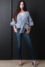 Striped Surplice Waist-Tie Ruched Statement Sleeves Blouse Top