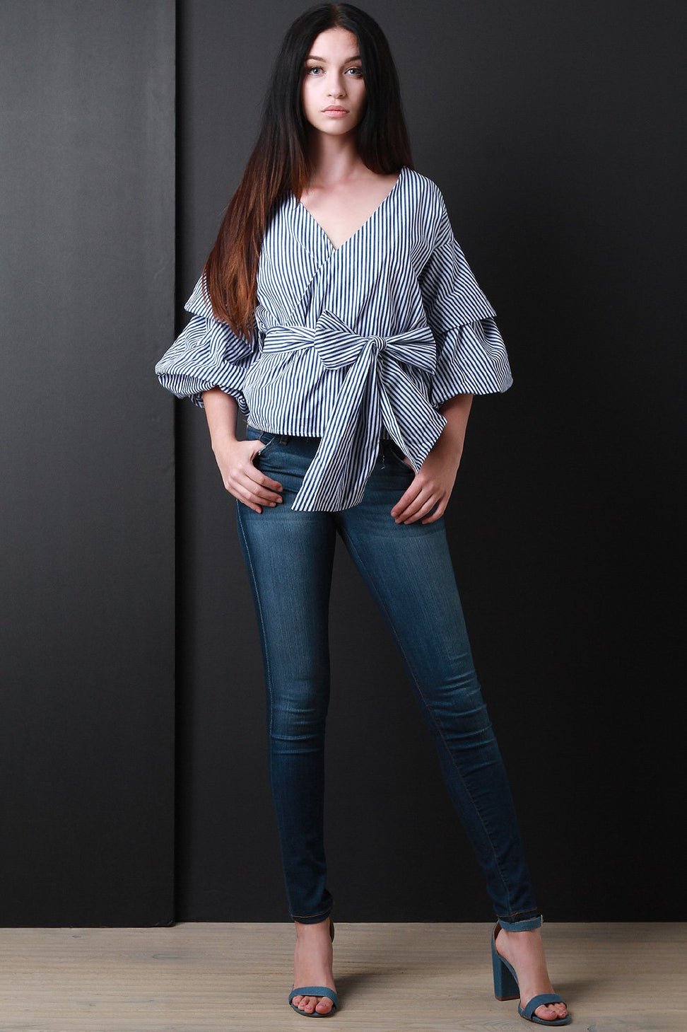 Striped Surplice Waist-Tie Ruched Statement Sleeves Blouse Top