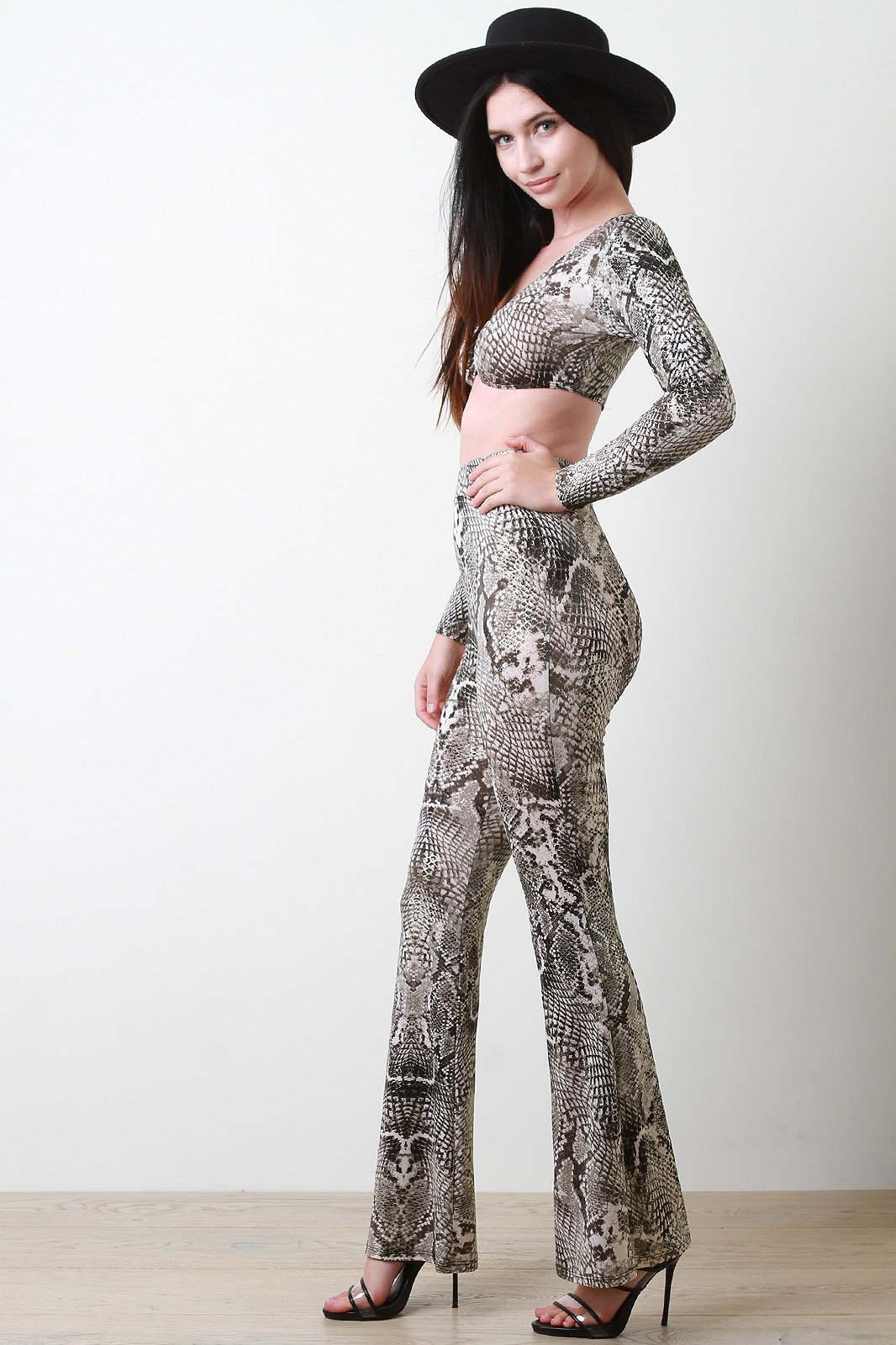 Two Piece Snake Print Crop Top with Flare Pants