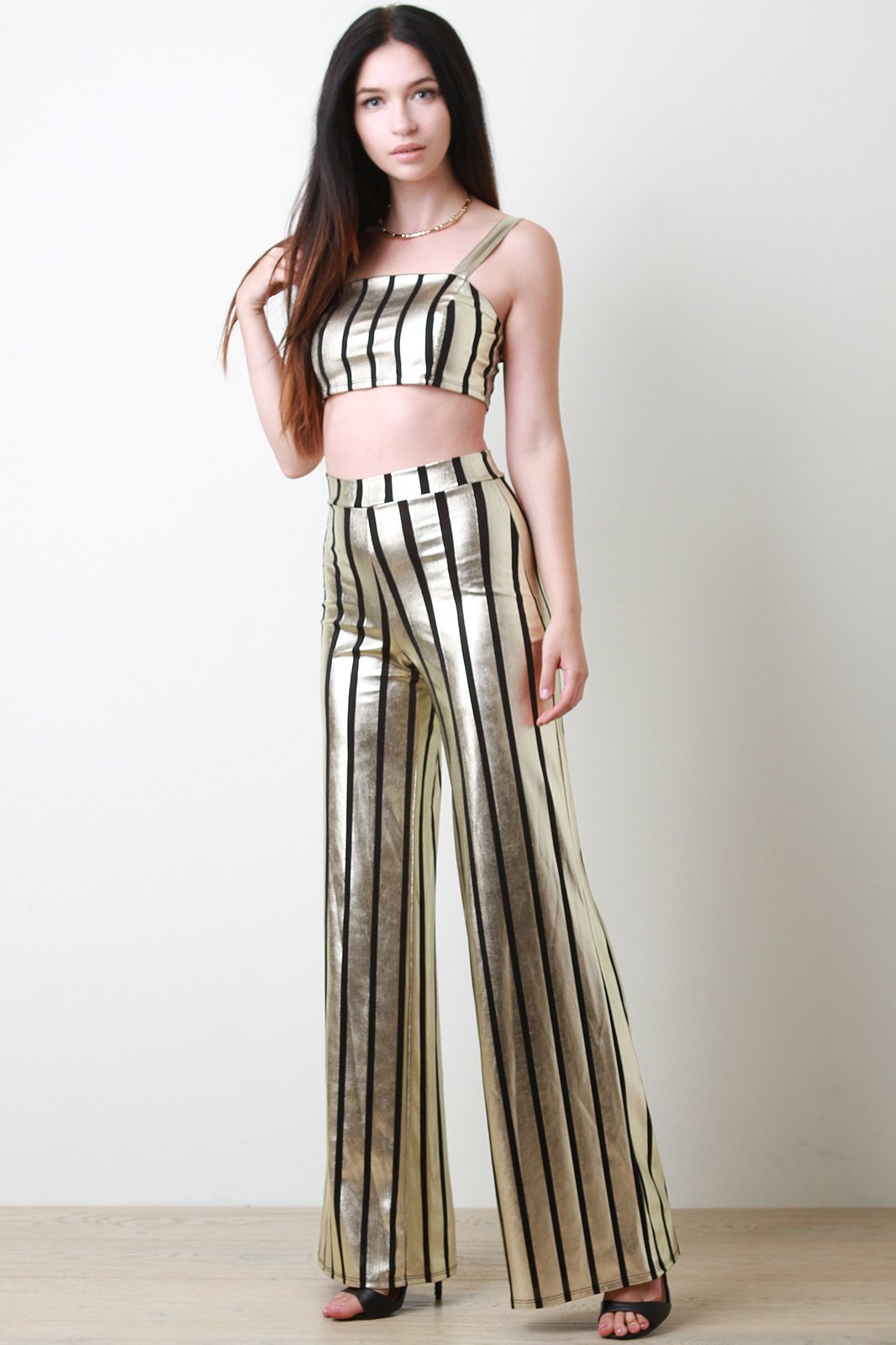 Striped Metallic Crop Top with Palazzo Pants Set