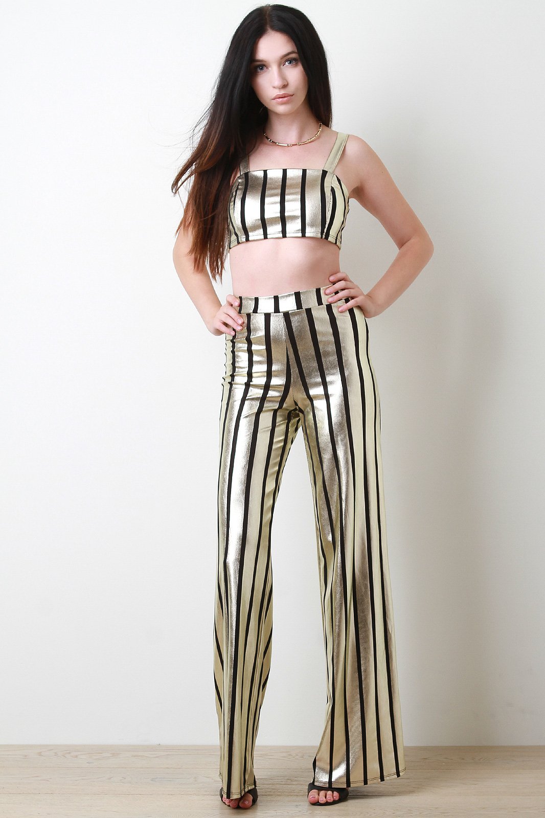 Striped Metallic Crop Top with Palazzo Pants Set