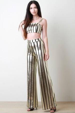 Striped Metallic Crop Top with Palazzo Pants Set