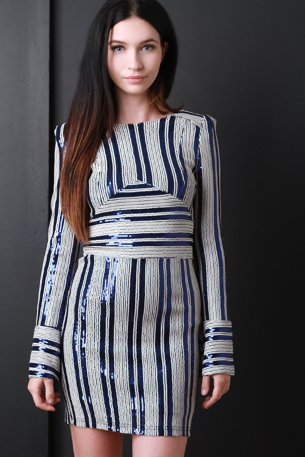 Sequins Striped Bell Sleeve Mini Dress