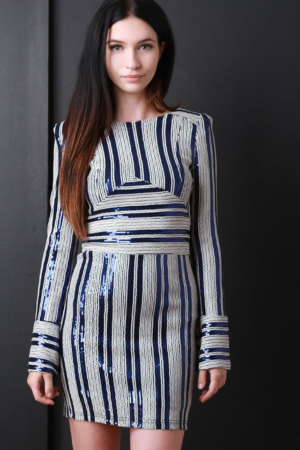 Sequins Striped Bell Sleeve Mini Dress