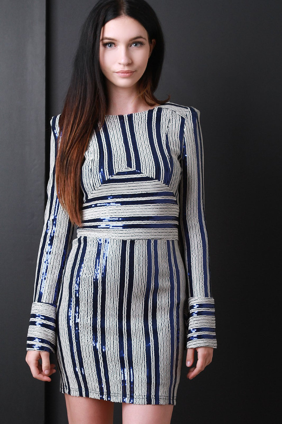 Sequins Striped Bell Sleeve Mini Dress