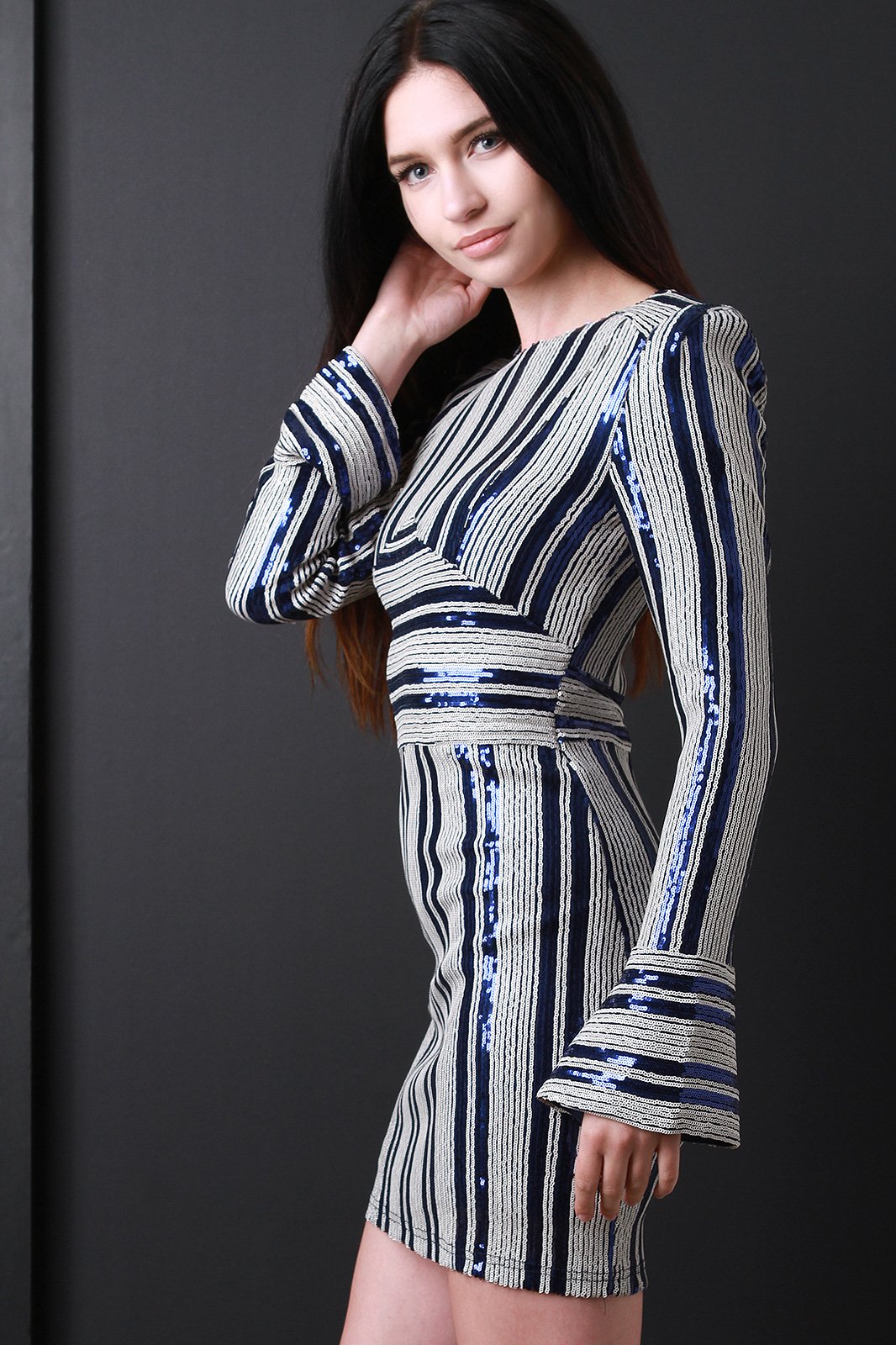 Sequins Striped Bell Sleeve Mini Dress