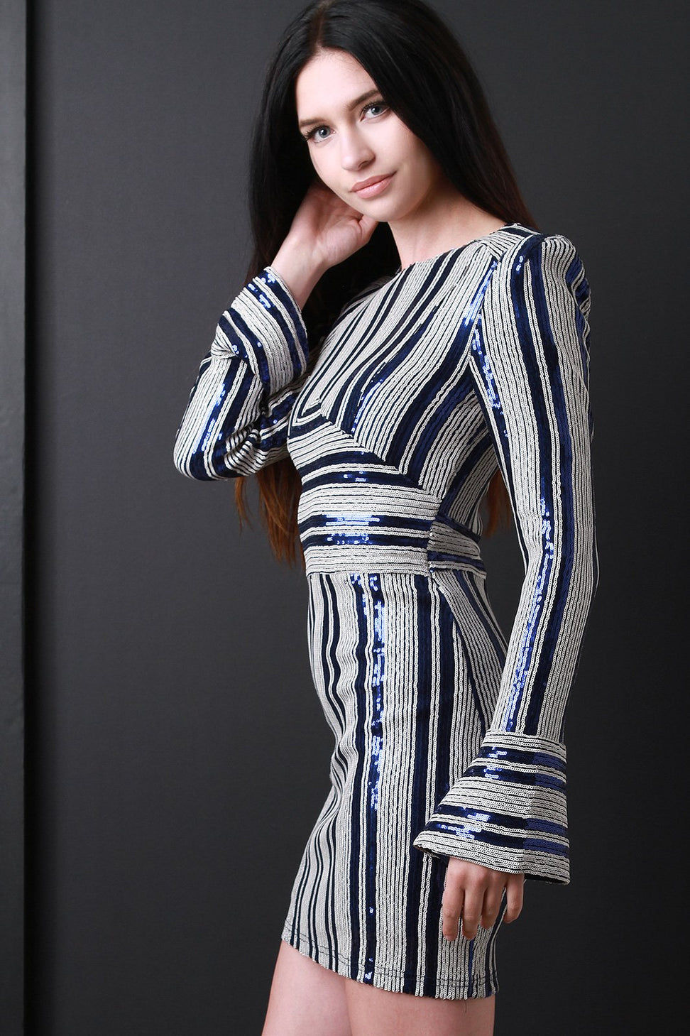 Sequins Striped Bell Sleeve Mini Dress