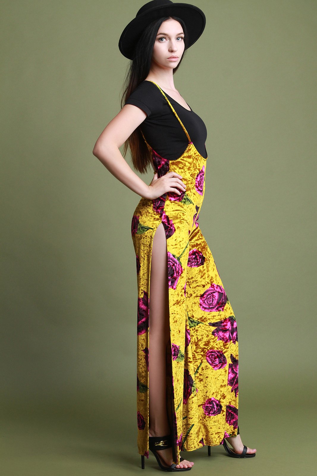 Floral Velvet Spaghetti Strap Side Slit Overall Pants