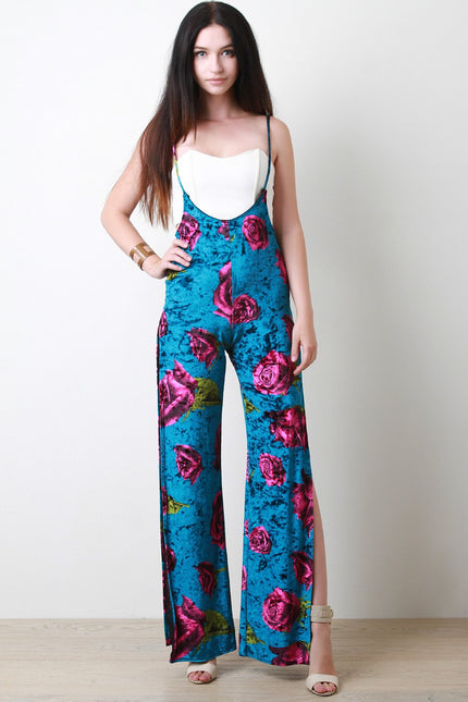 Floral Velvet Spaghetti Strap Side Slit Overall Pants
