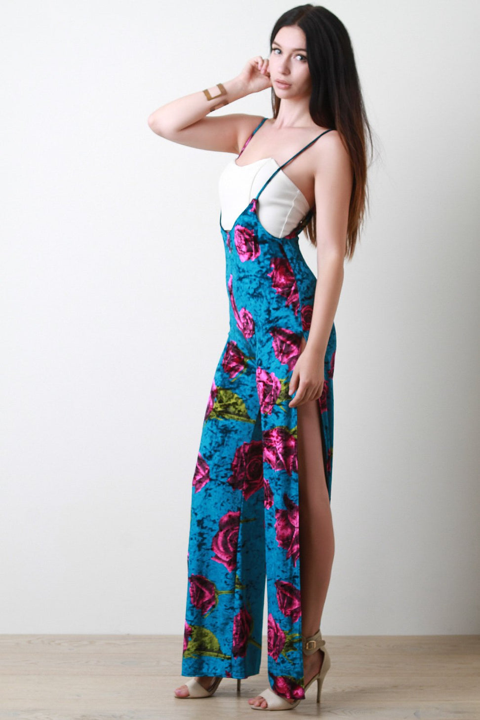 Floral Velvet Spaghetti Strap Side Slit Overall Pants