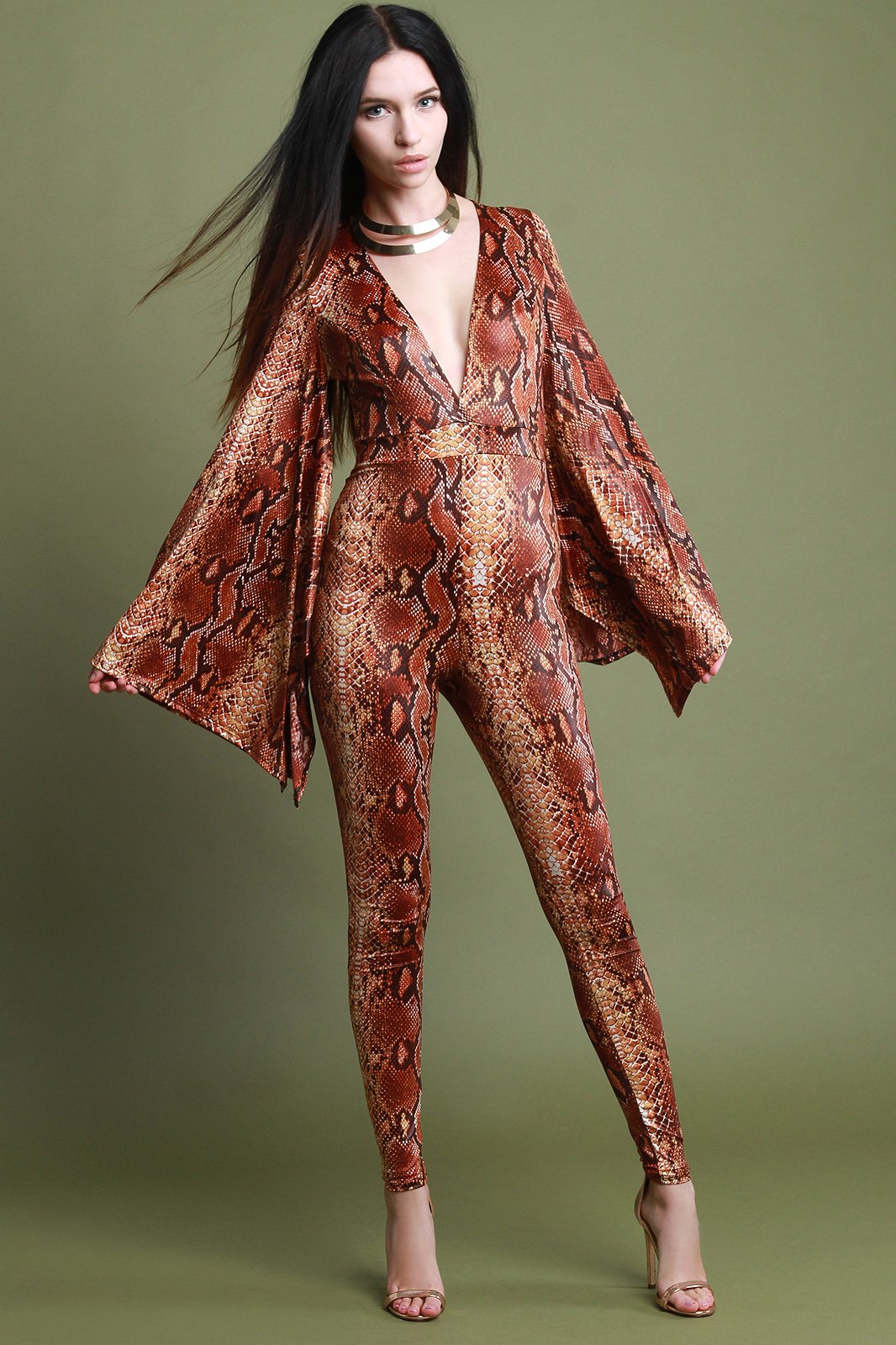 Python Print Long Kimono Sleeve Jumpsuit